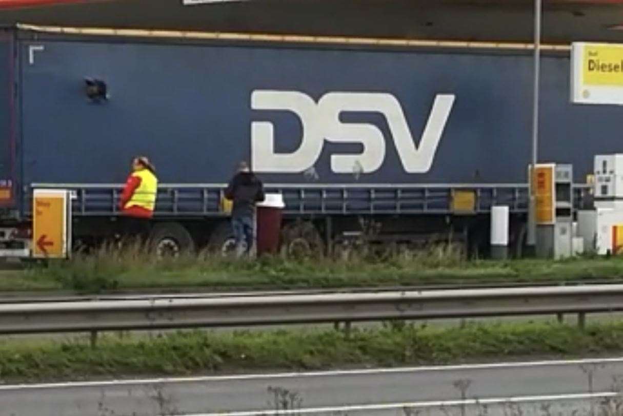 'Migrants' seen in the back of a lorry at services on the A249 Detling Hill. Picture: Rob Macleod