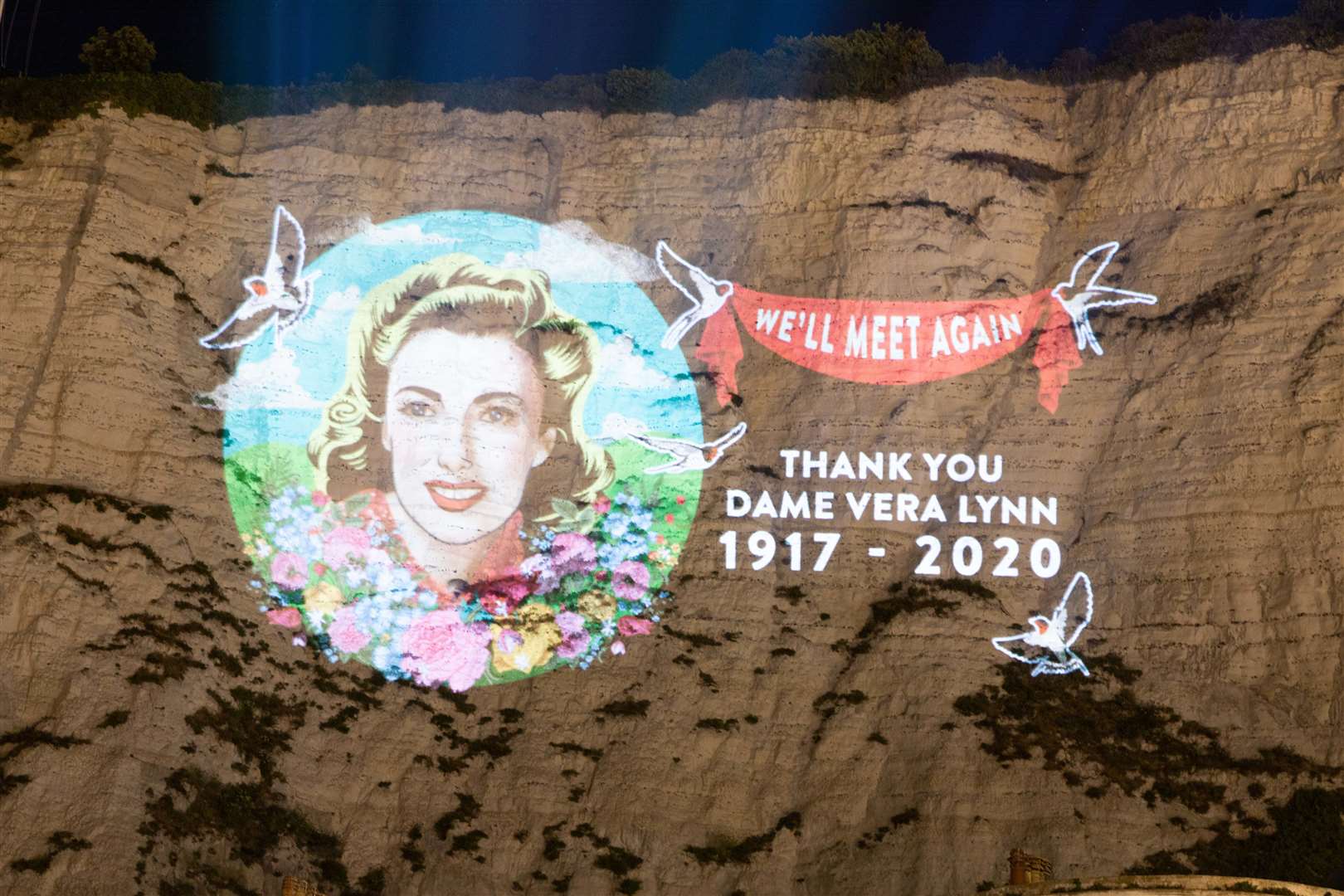 An image of Dame Vera Lynn projected on to the White Cliffs of Dover (Steve Turvey)