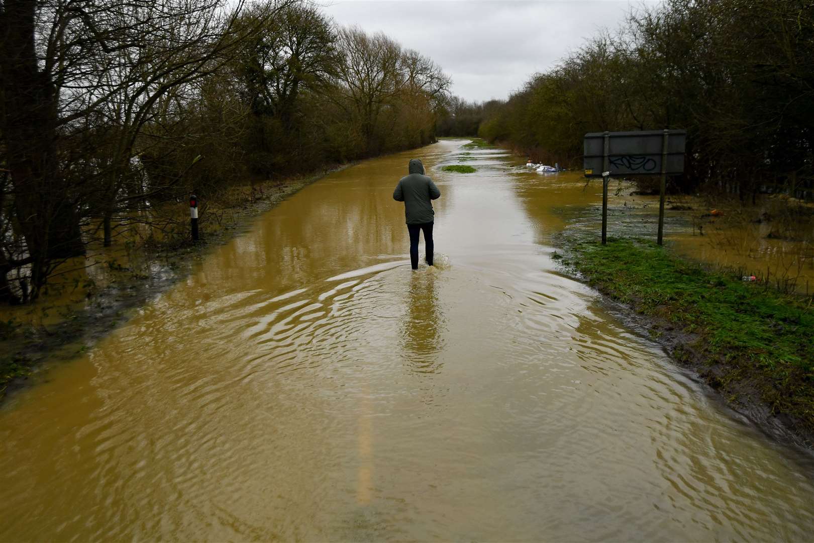 A flooded Broome Lane in East Goscote, Leicestershire (Jacob King/PA)