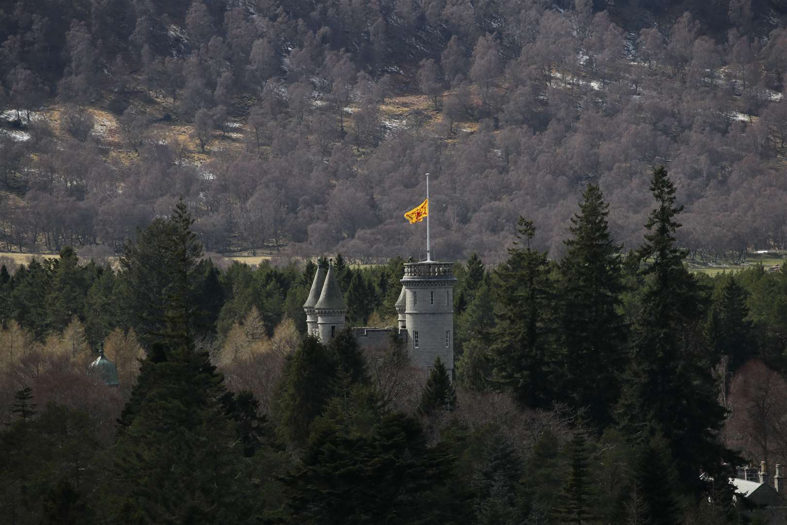 The Lion rampant flies at half mast at Balmoral Castle in Royal Deeside, Aberdeenshire, Scotland (Jane Barlow/PA)