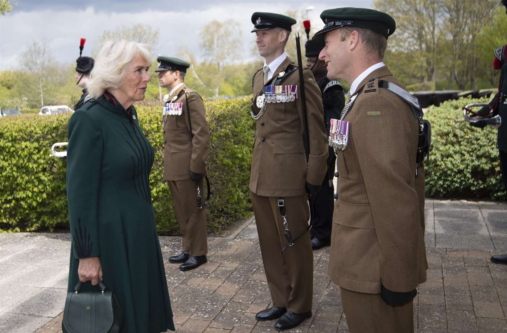 The Duchess of Cornwall was greeted by Lieutenant Colonel Jim Hadfield (right), commanding officer of 5th Battalion The Rifles (Eddie Mullholland/The Daily Telegraph/PA)