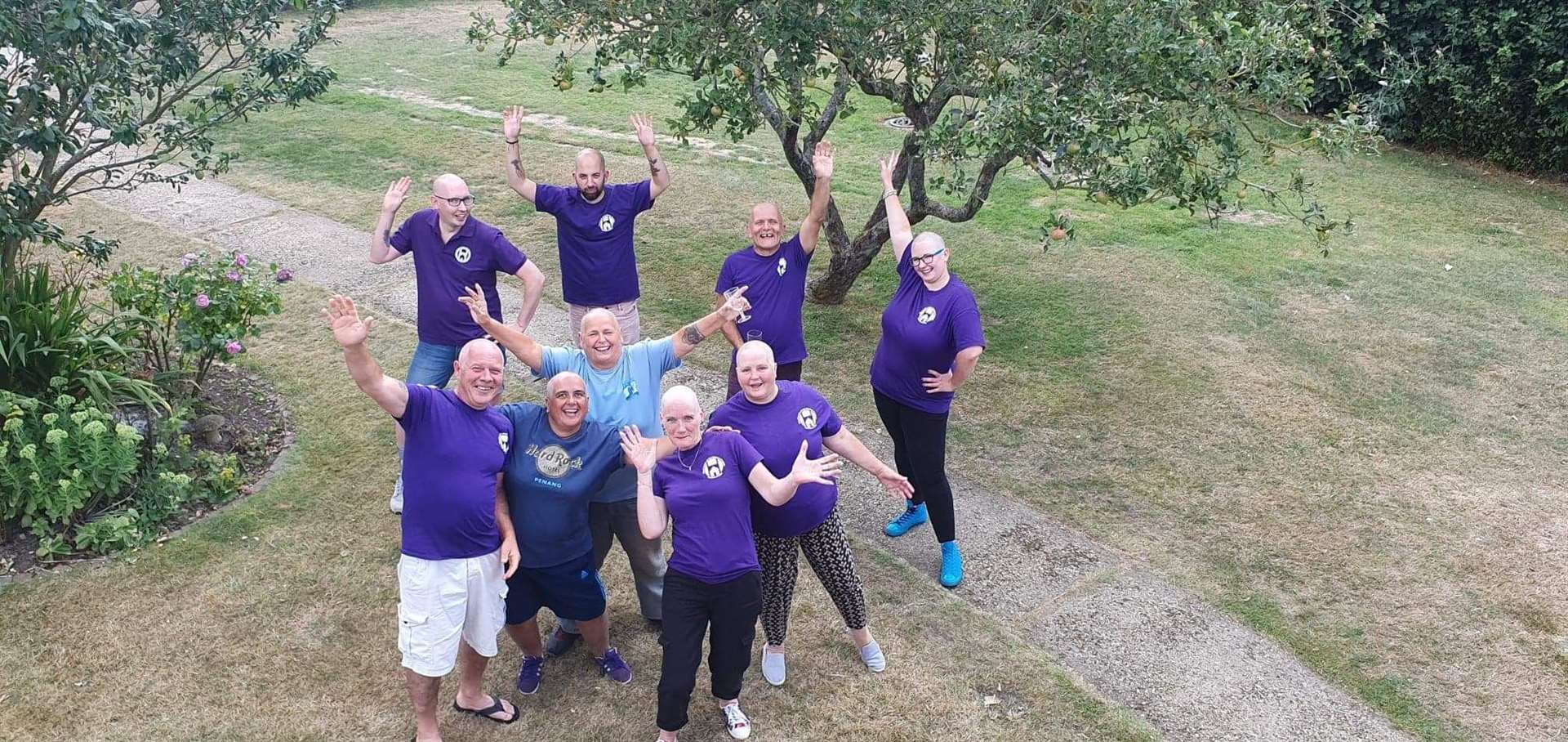 Clare Miller and her friends after the head shave: Back row from left: John Hale-Brown, Ashley Hale-Brown, Christopher Miller, Samantha Franklin Front row, from left: Vince Galloway, Jo Gormley, Lynne Cook, Clare Miller and Karen Reid