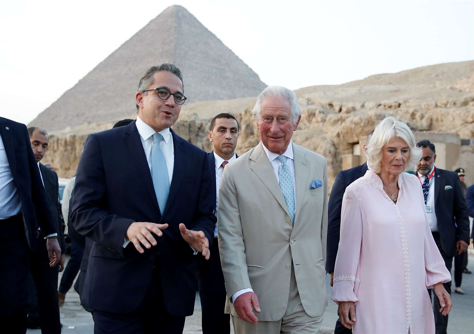 Dr Khaled el Anani, minister of tourism and antiquities, with Charles and Camilla (Peter Nicholls/PA)