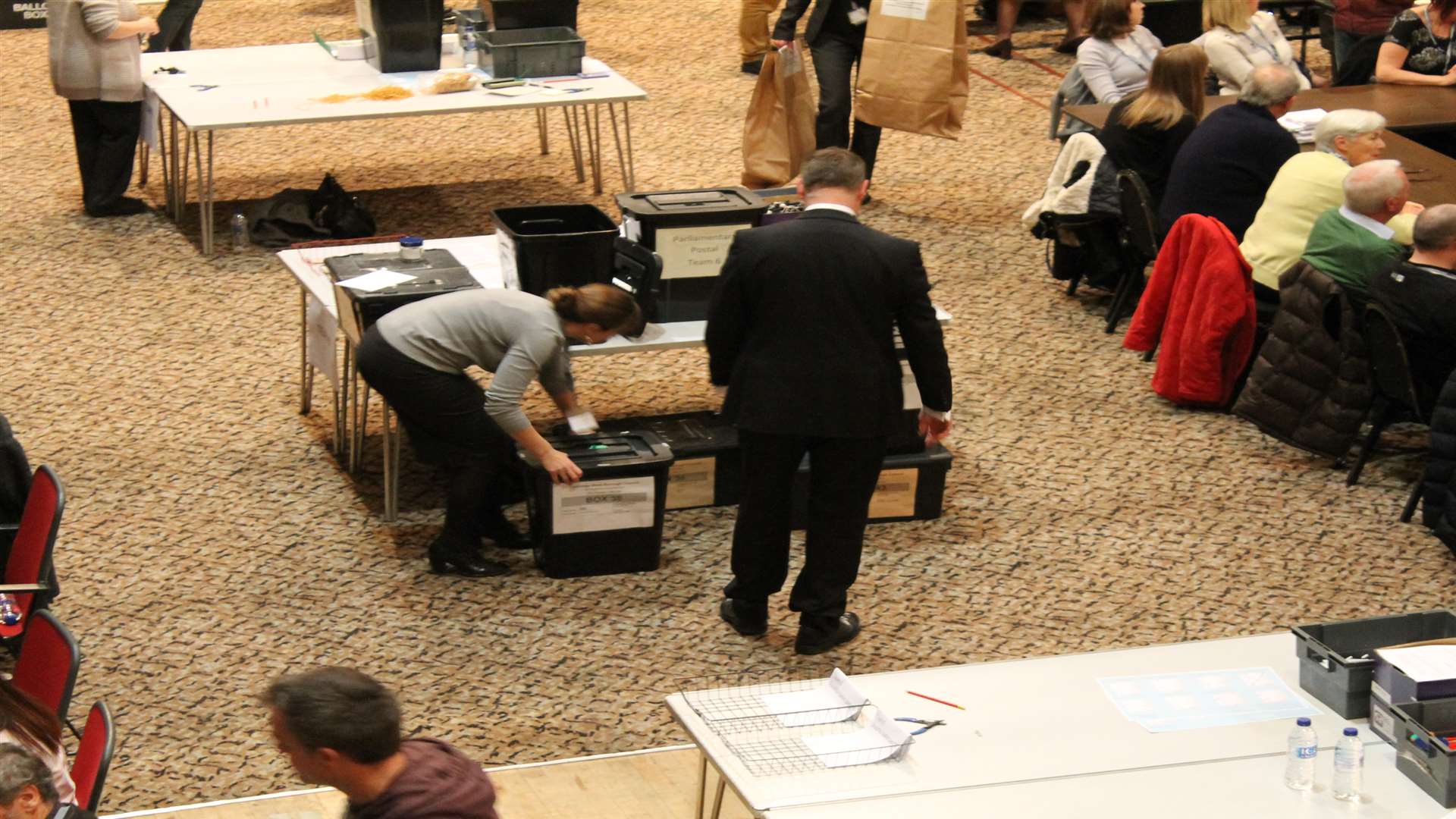 Ballot boxes at a count. Stock image