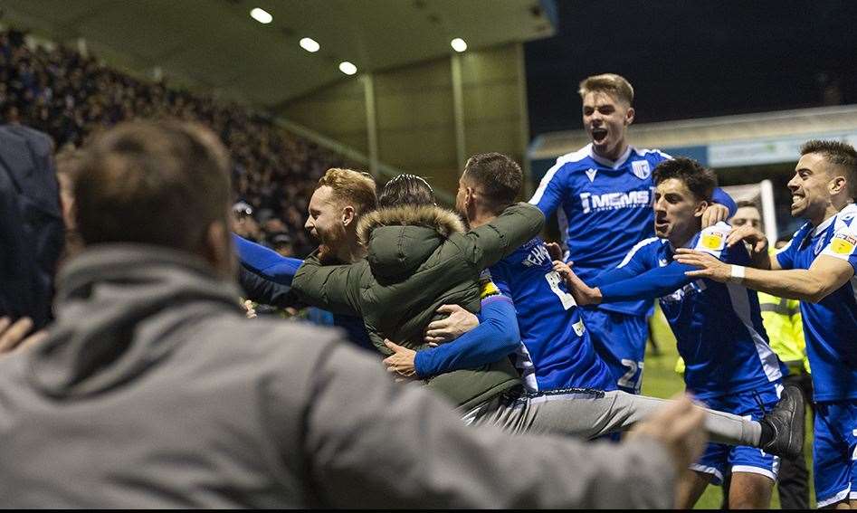 Gills fans celebrate a goal against Sunderland at Priestfield Picture: Ady Kerry