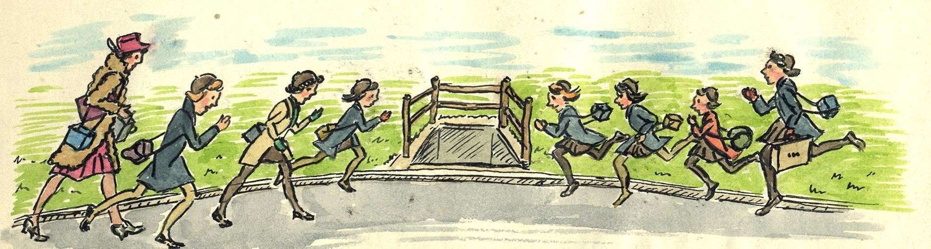 Helen Keen's contemporary drawing of pupils racing for the air-raid shelters