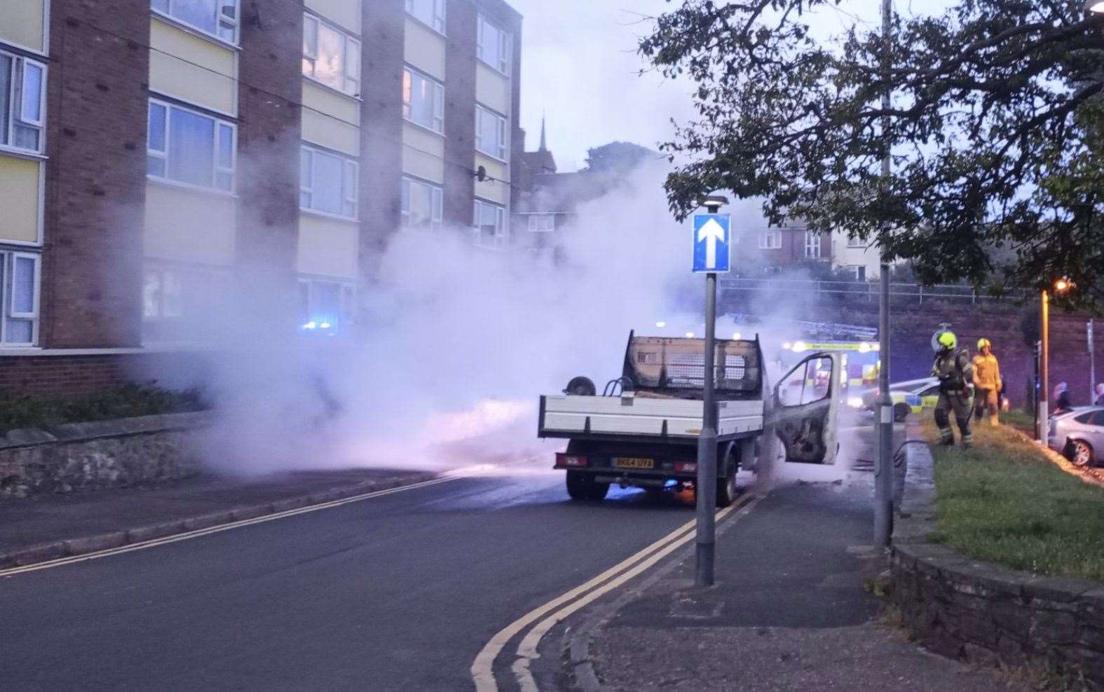 Firefighters extinguishing the burning truck near Folkestone Harbour. Picture: Bridget Chapman