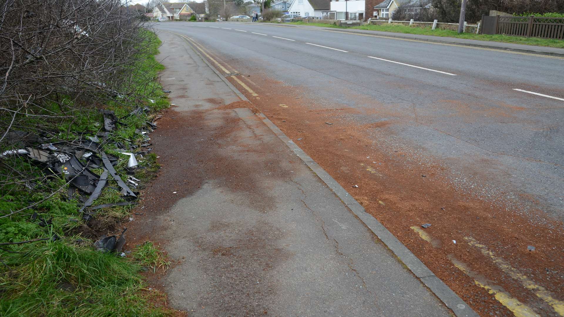 The scene of the St Mary's Bay crash, next day. Sand is usually placed by firefighters because of spilt fuel.