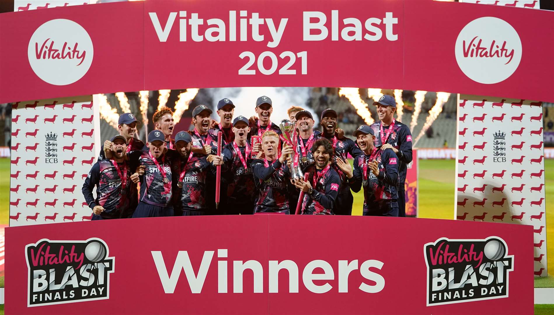 Kent Spitfires celebrate with the T20 Blast trophy after beating Somerset in the final at Edgbaston. Picture: Mike Egerton/PA Images