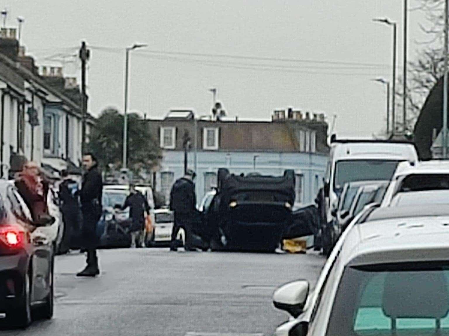 A car flipped over in an accident along Ingram Road, Gillingham