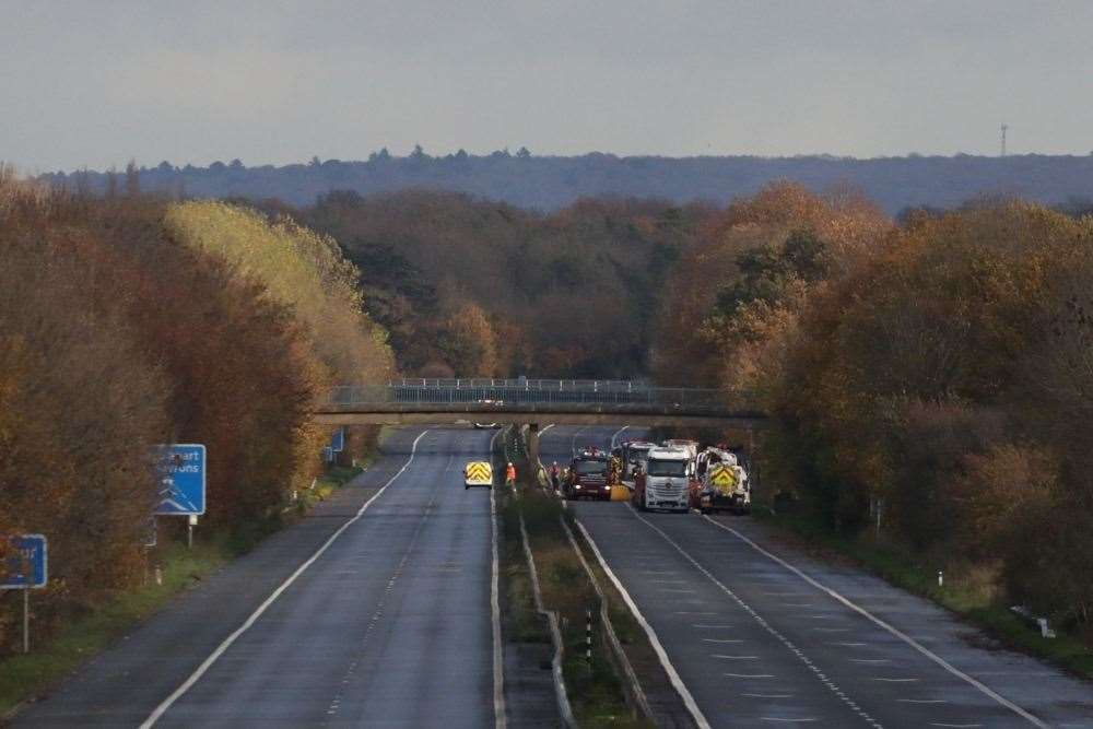 Emergency services are at the scene of the M2 lorry fire. Picture: UKNip (43123372)