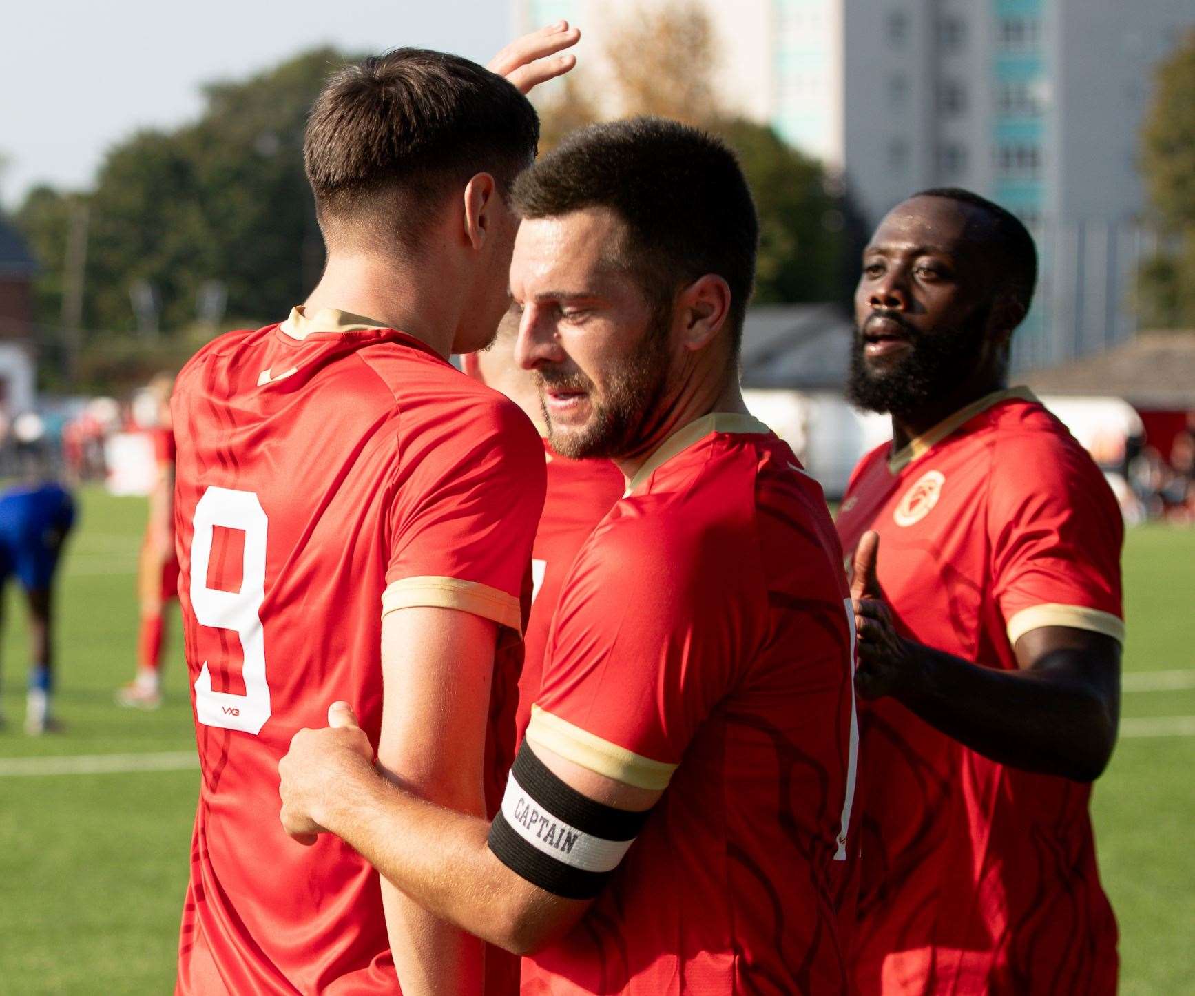 Mike West celebrates goal with Harvey Smith and Jerald Aboagye after scoring the only goal in Whitstable’s FA Vase victory. Picture: Les Biggs