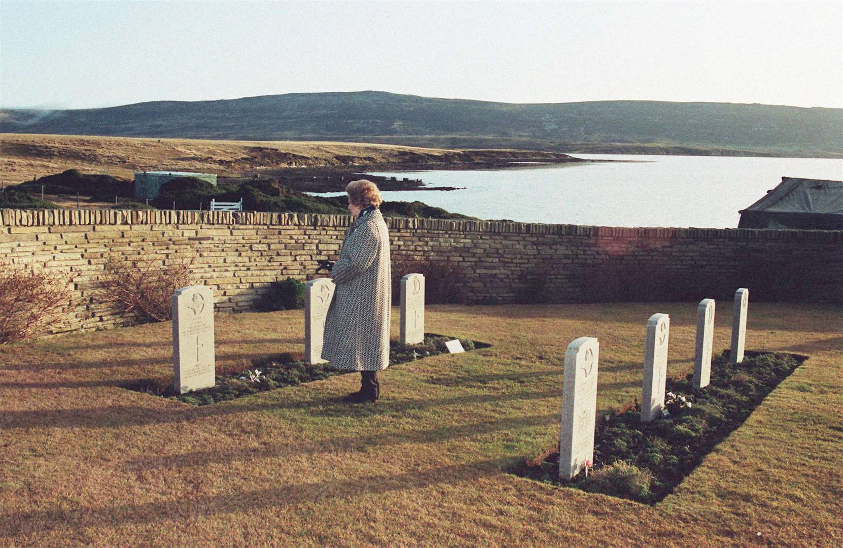 Margaret Thatcher at San Carlos cemetery in the Falklands (David Giles/PA)