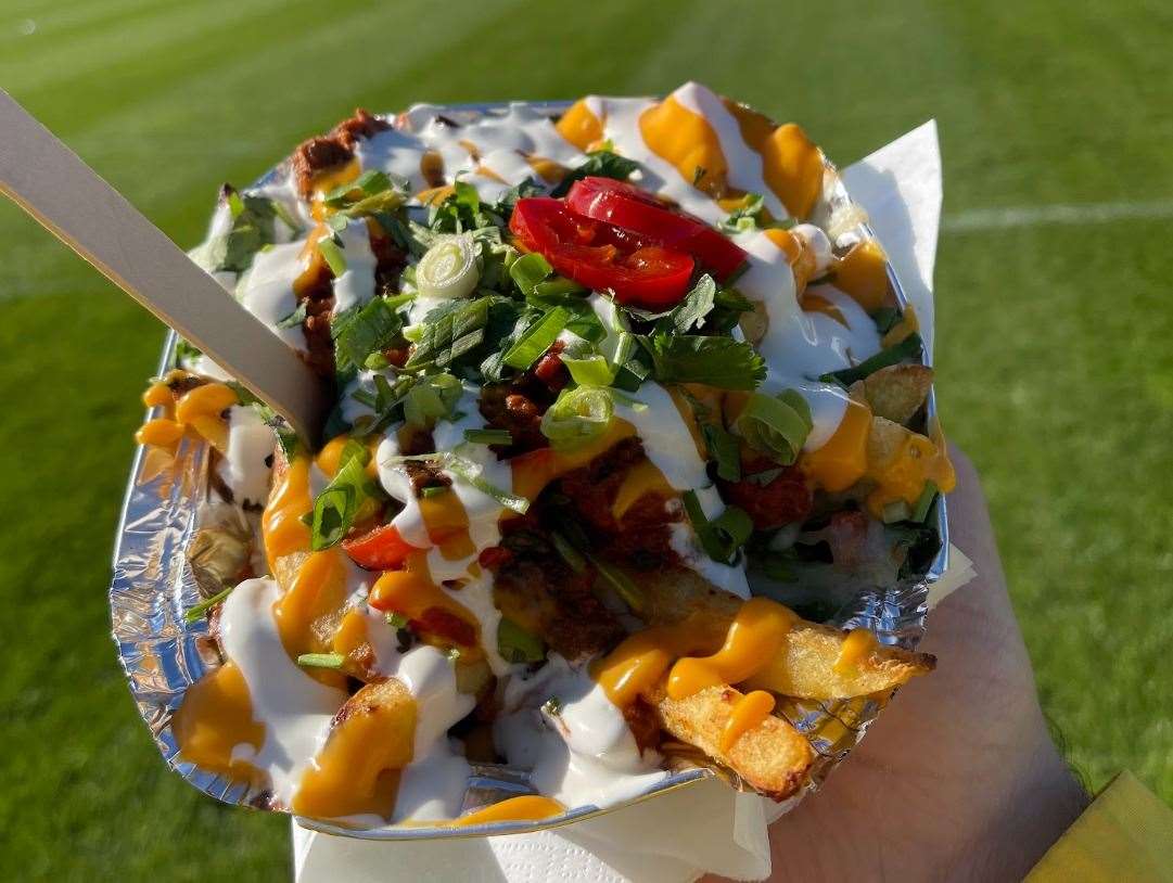 The popular loaded fries offered by Just The Ticket caterers at Folkestone Invicta Football Club
