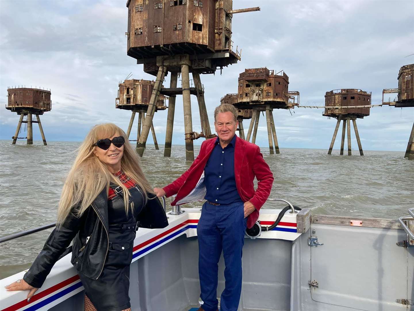 Margaret Flo McEwan heading to the Second World War Maunsell sea forts from Sheppey with Michael Portillo for a TV programme