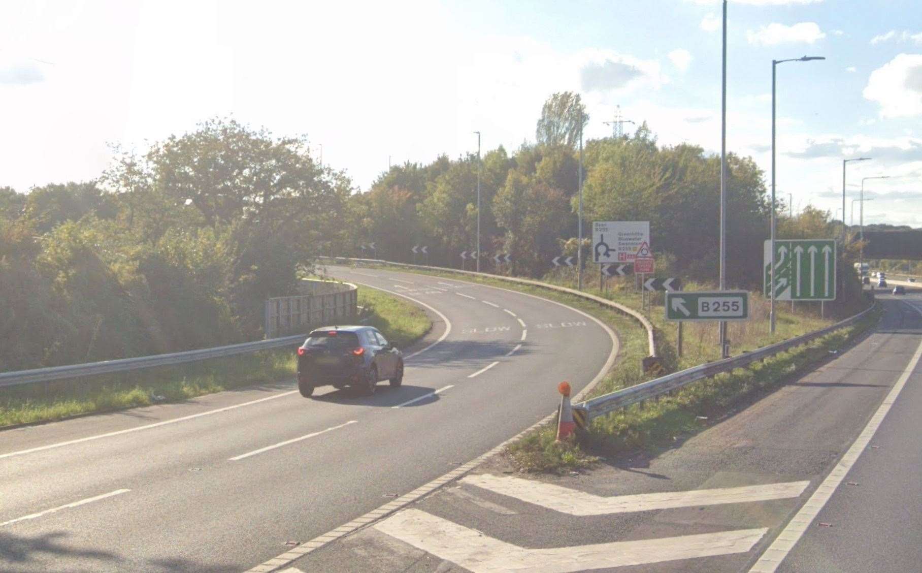 The A2 westbound exit slip road at Bean, Dartford, was closed following a crash. Picture: Google