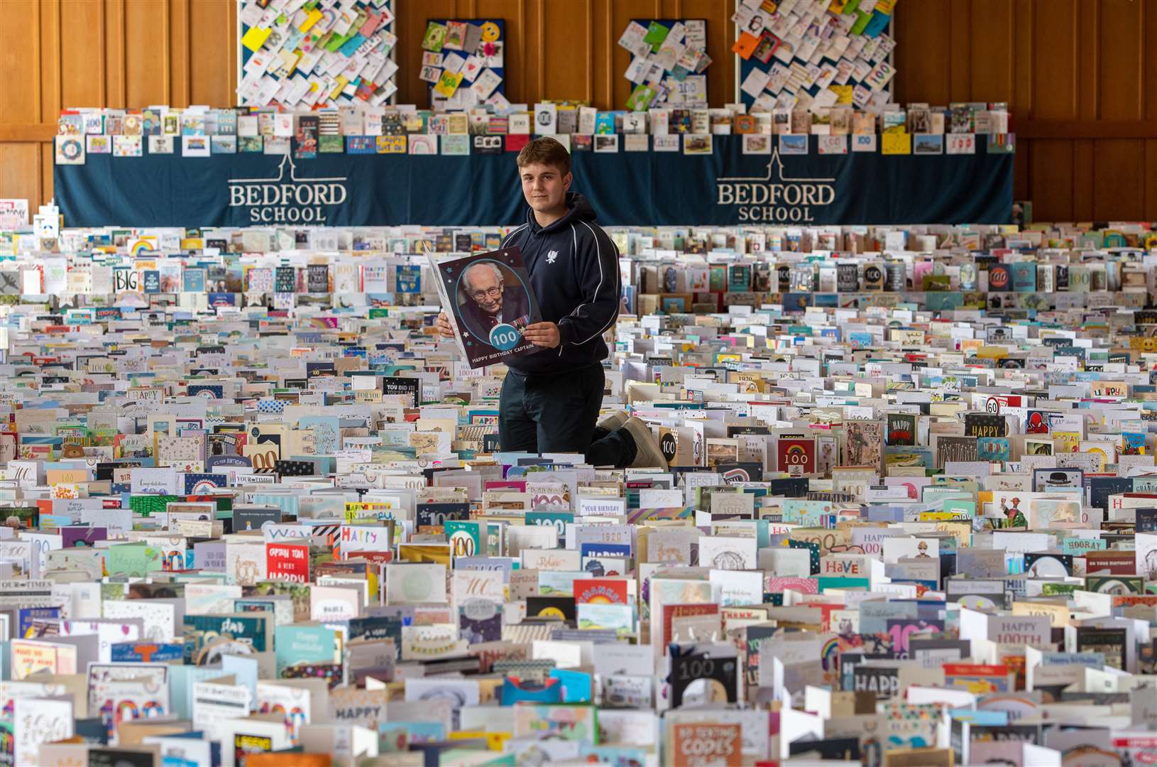 Captain Tom Moore’s grandson, Benjie Ingram-Moore, in the Great Hall of Bedford School (Joe Giddens/PA)