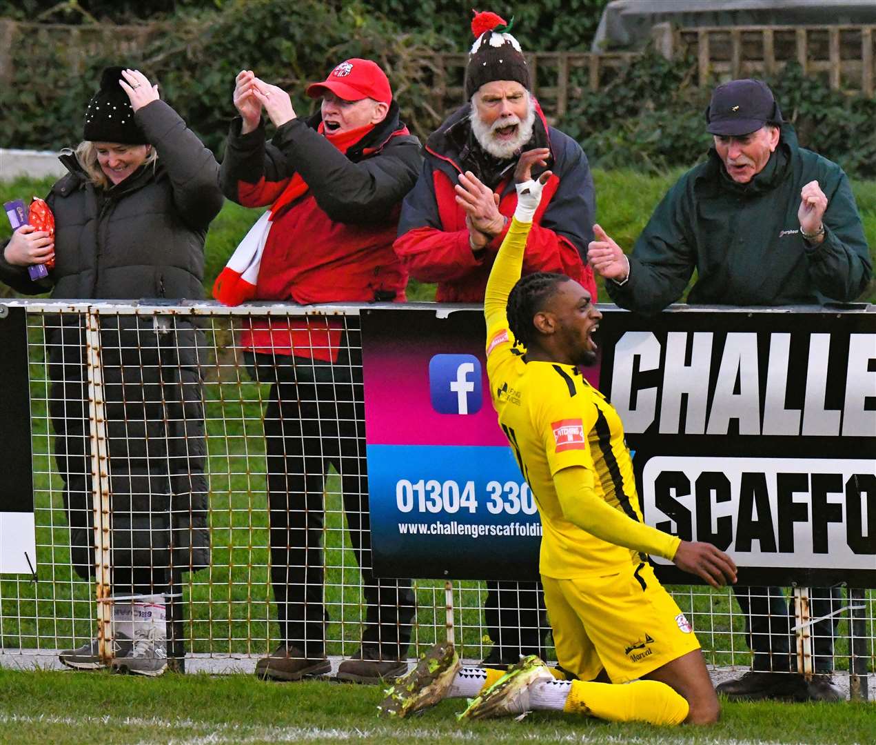 Sheppey's Gil Carvalho celebrates scoring in front of his team's fans. Picture: Marc Richards