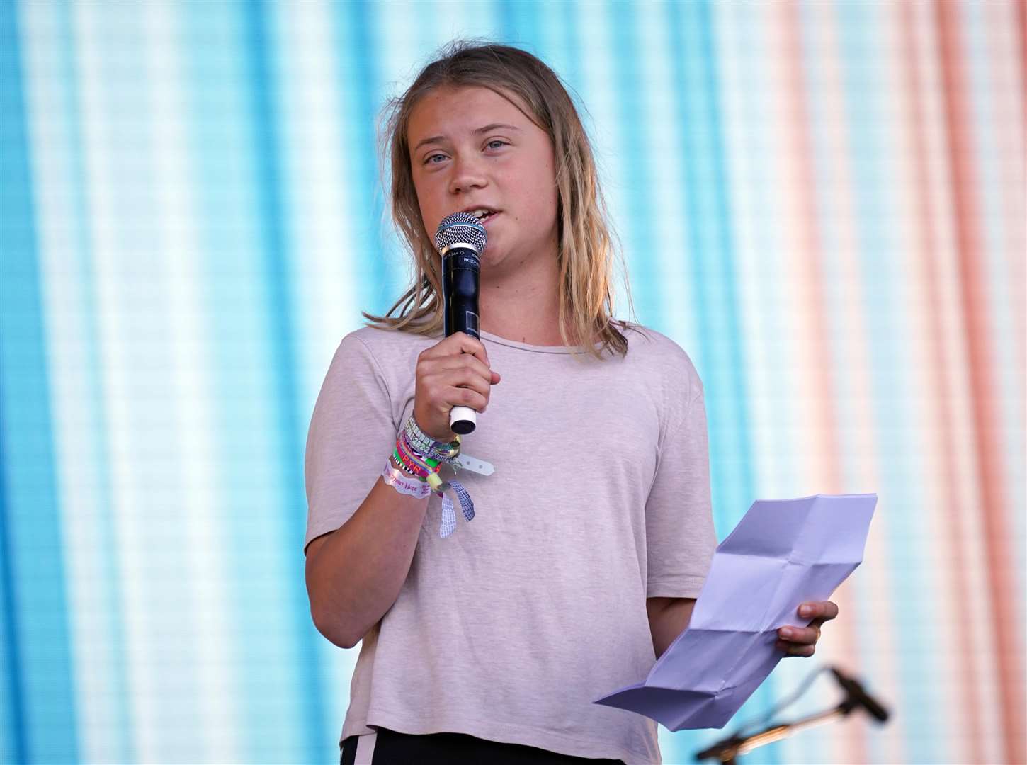 Climate activist Greta Thunberg speaking on the Pyramid Stage during Glastonbury Festival (Yui Mok/PA)