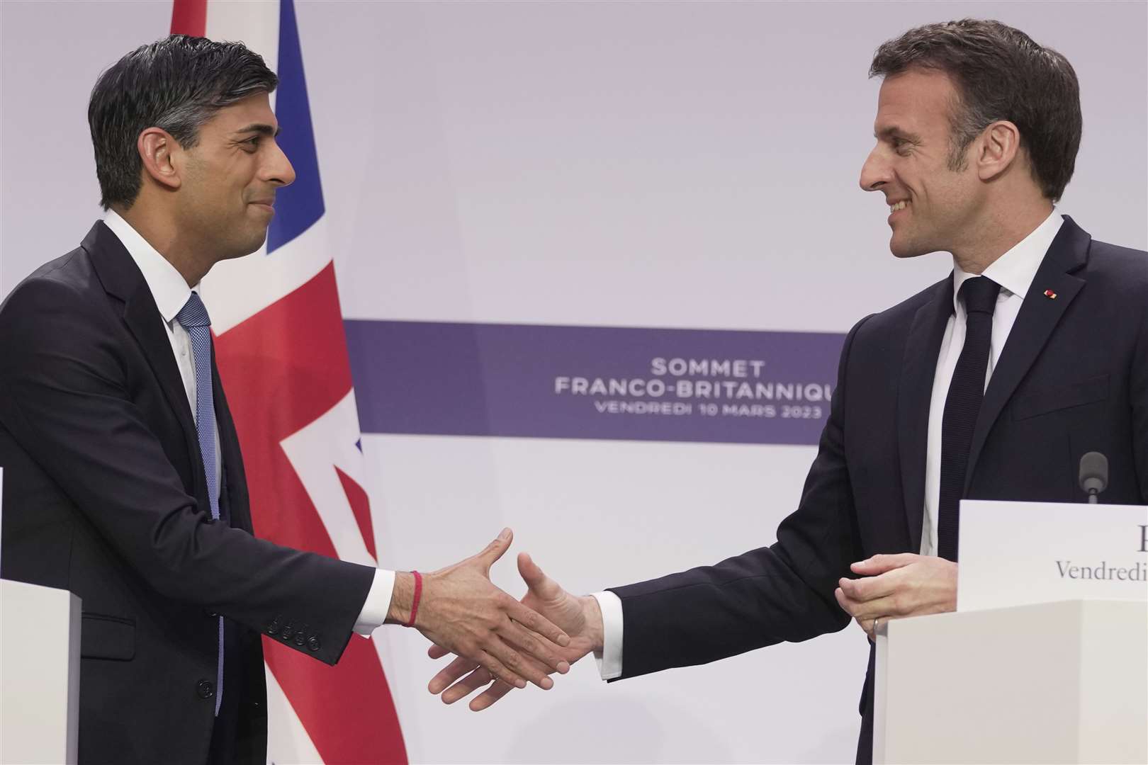 Prime Minister Rishi Sunak, left, meets the president of France, Emmanuel Macron in Paris (Kin Cheung/PA)