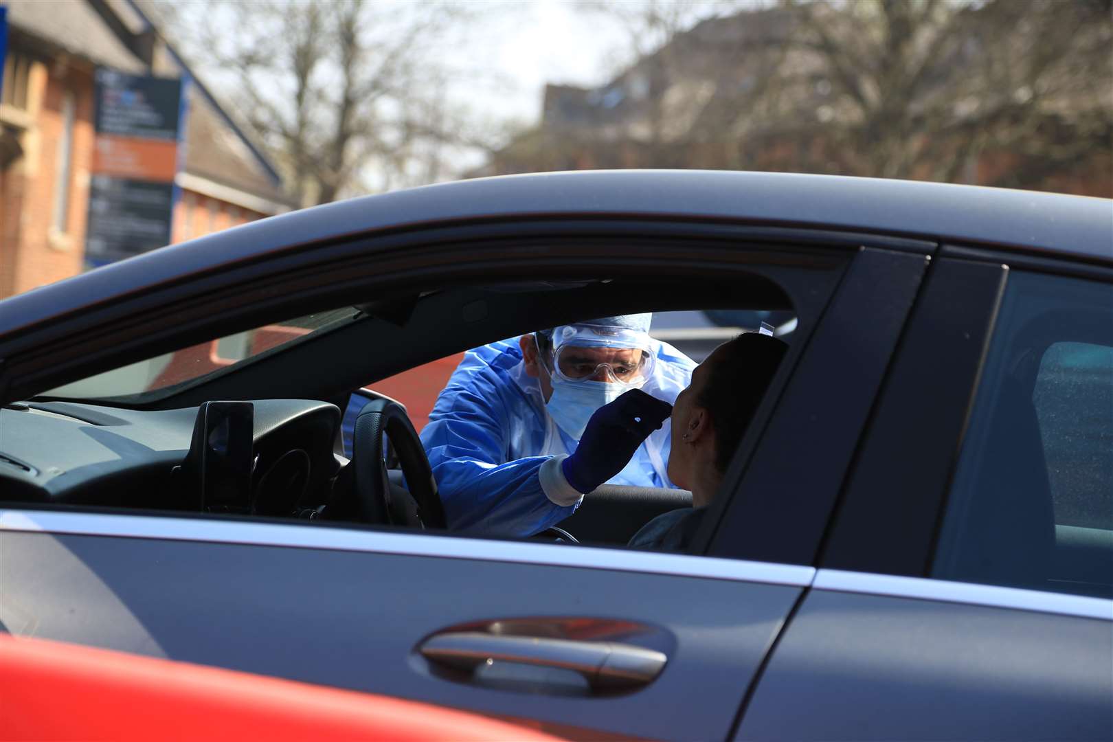 A drive-thru test centre at Medway Maritime Hospital