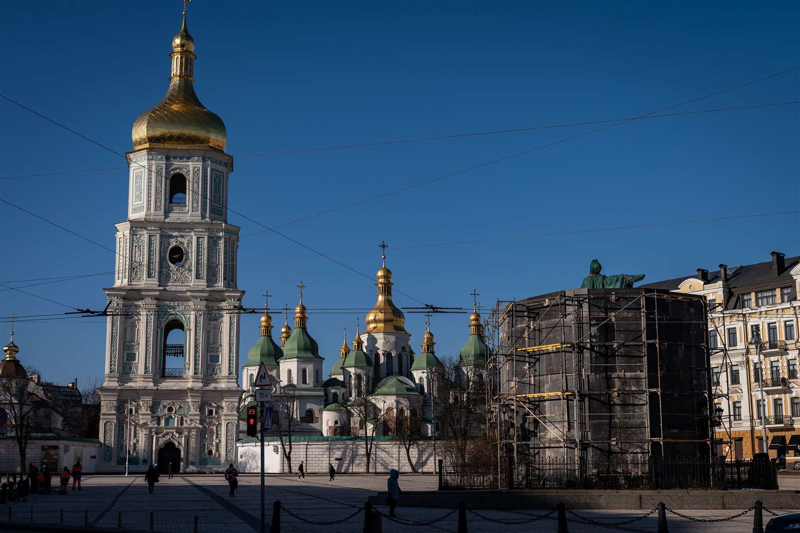 The covered Bohdan Khmelnytsky Monument in Sophia Square, Kyiv (Aaron Chown/PA)