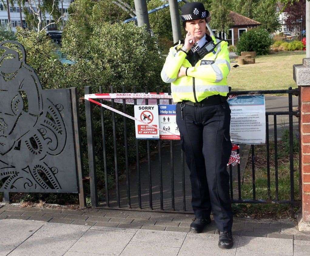 Police stand guard outside the scene in Crayford Picture: UKNIP