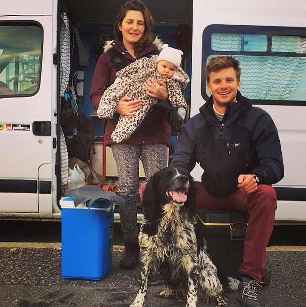On the road: William Thomson with partner Naomi Tipping, daughter Ottilie and Alfie the spaniel