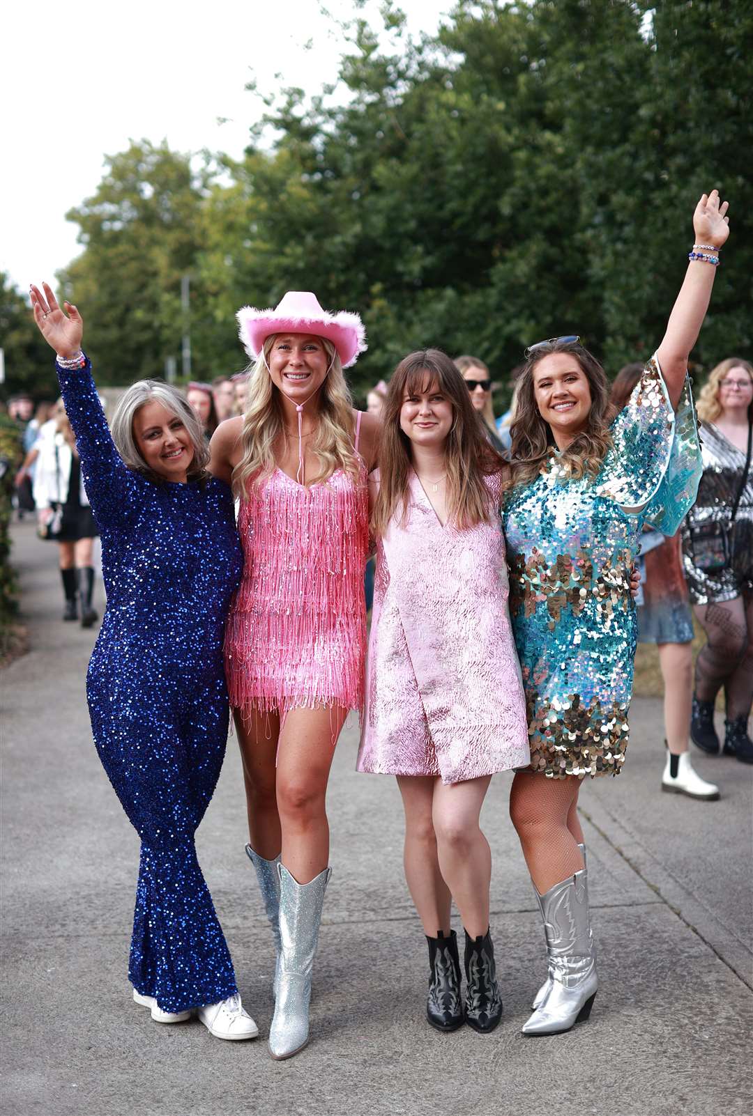 (Left to right) Emma Satchwell, Lauren Clark, Annabel Cleary, and Tierna Brazil before watching Taylor Swift performing on stage at the Aviva Stadium in Dublin (Liam McBurney/PA)