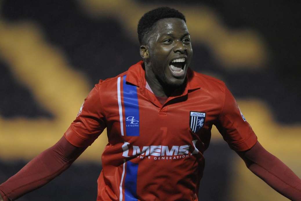 Gillingham striker Antonio German celebrates scoring against Colchester Picture: Barry Goodwin