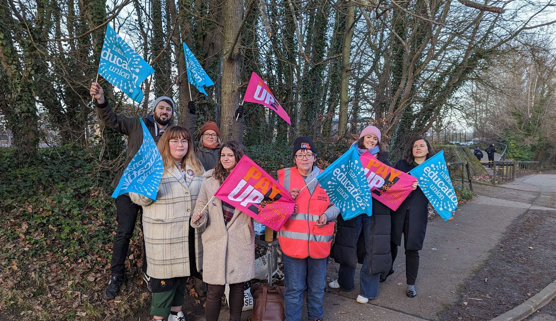 Striking teachers picketing outside St Anselm's Catholic School in Canterbury