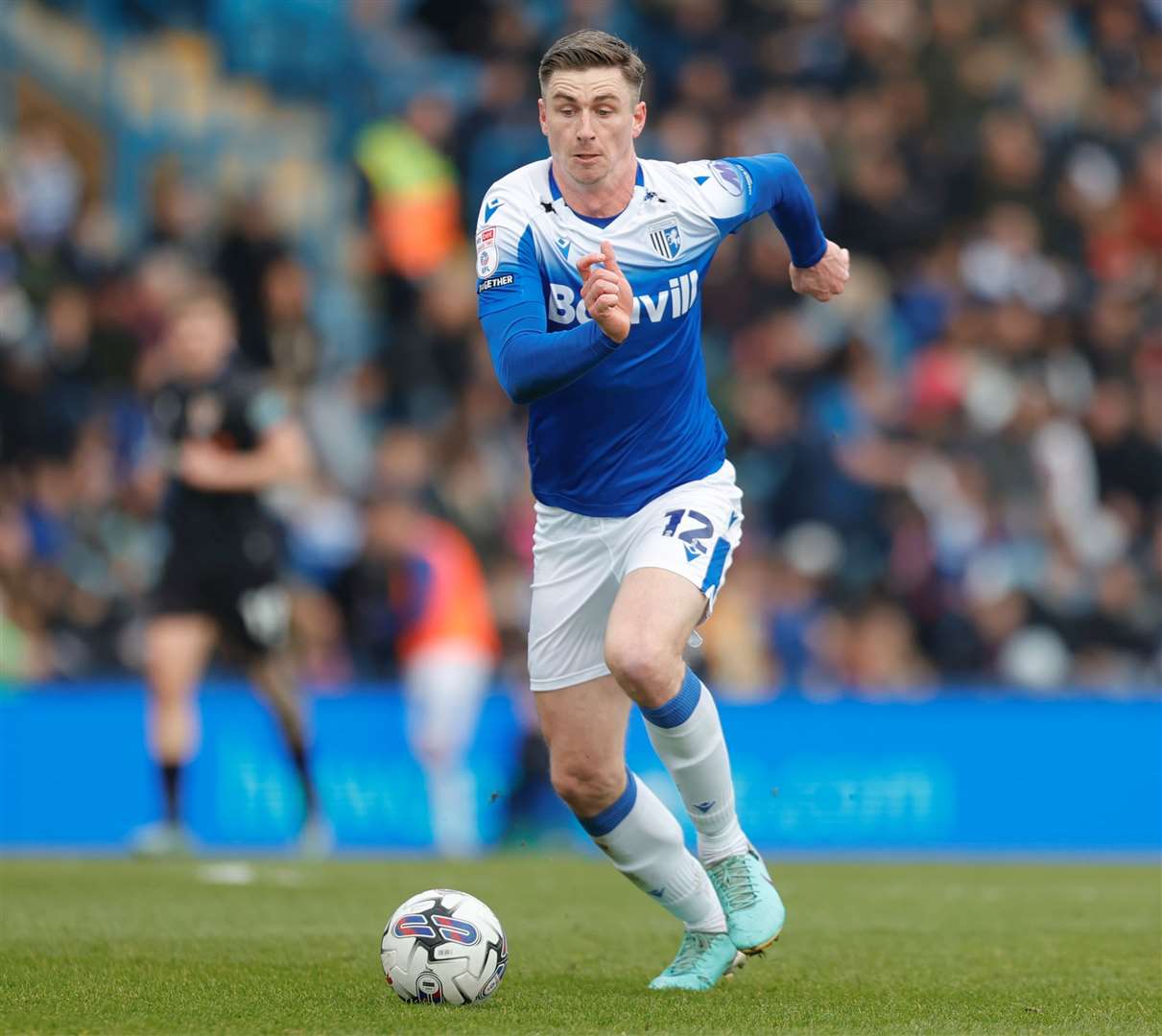 Forward Oli Hawkins in possession for Gillingham in their 1-1 weekend draw at home to Tranmere. Picture: Julian_KPI