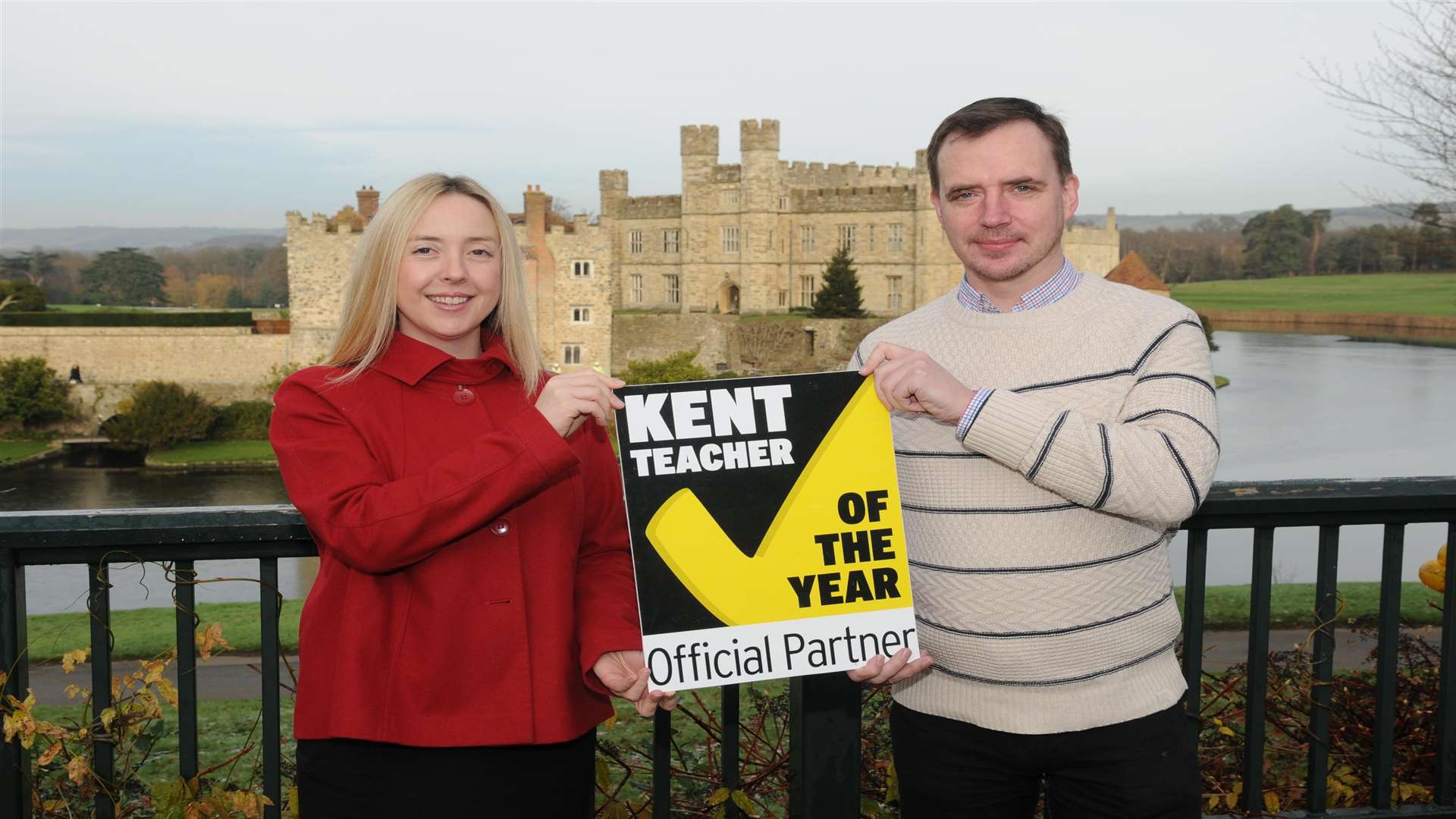 Sally Williamson and Peter Heckel of Project Salus announce support of the Kent Teacher of the Year Awards 2015 at Leeds Castle.