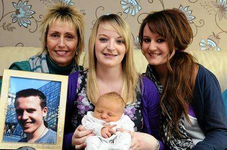 Brett's mum Karen King, Charmaine Sellen with Blake James King, and Brett's sister Becca King, pictured at Brett's family home in Scrapsgate, Minster.