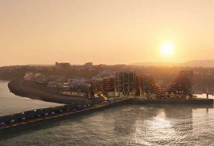 Image showing the proposed Folkestone seafront development – stretching from the already-built Shoreline Crescent flats on the left, to the tower blocks on the harbour arm car park on the right