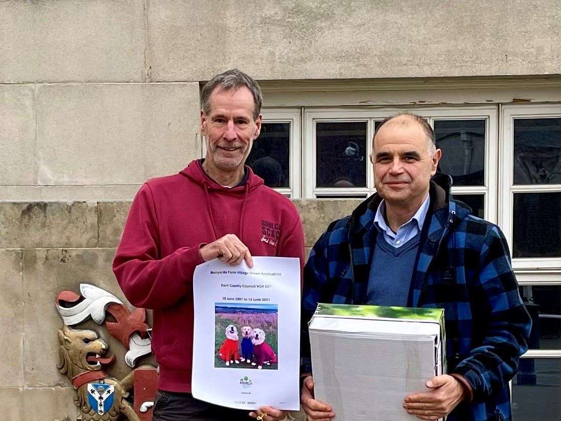 Bunyards Farm village green status campaigners Duncan Edwards and Chris Passmore outside County Hall