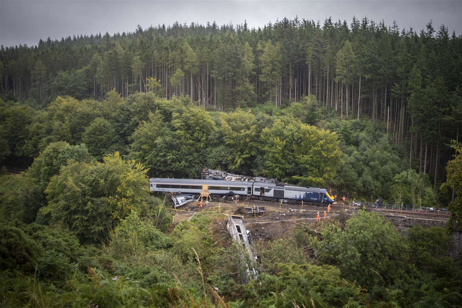 The scene near Stonehaven, Aberdeenshire, following the derailment (Jane Barlow/PA)