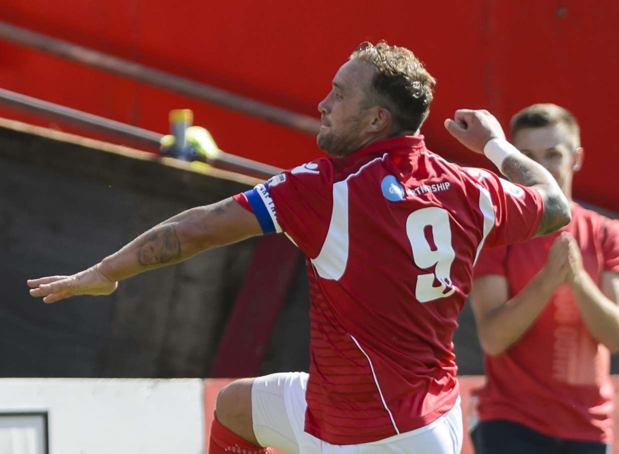 Danny Kedwell celebrates scoring Ebbsfleet's second in the 4-0 win over Poole at Stonebridge Road.