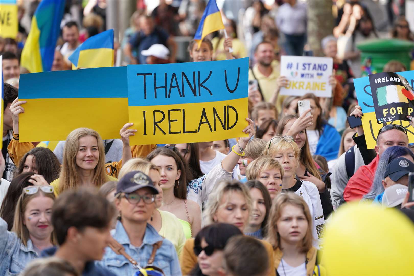 People gather for a Ukraine independence rally in Dublin during Ukrainian Independence Day, and six months since Russia’s invasion of Ukraine (Brian Lawless/PA)