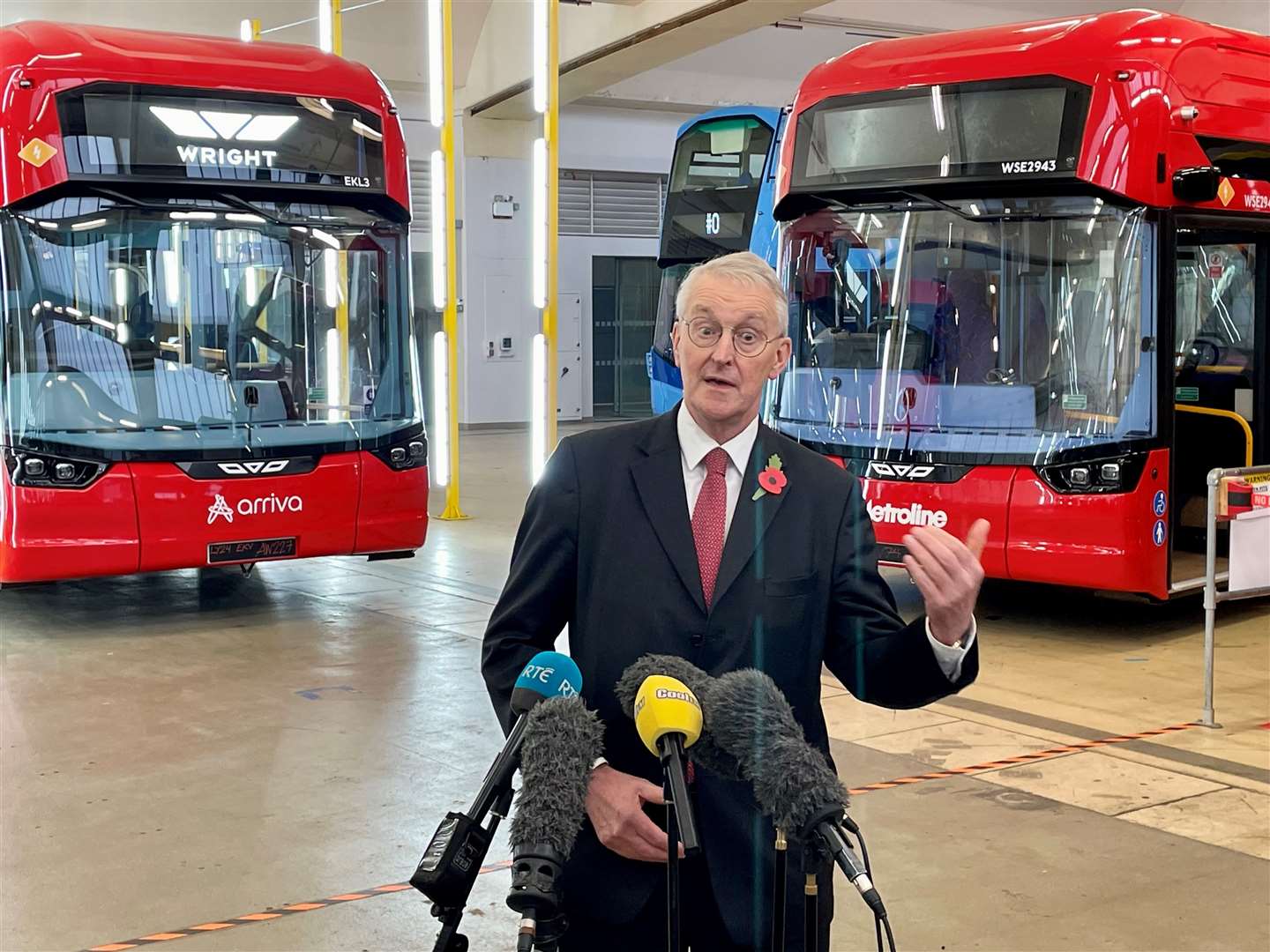 Northern Ireland Secretary Hilary Benn speaks to the media at the Wrightbus factory in Ballymena (David Young/PA)