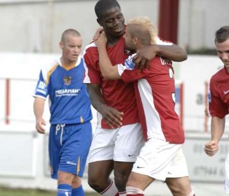 John Akinde celebrates his goal with Sacha Opinel. Picture: Grant Falvey