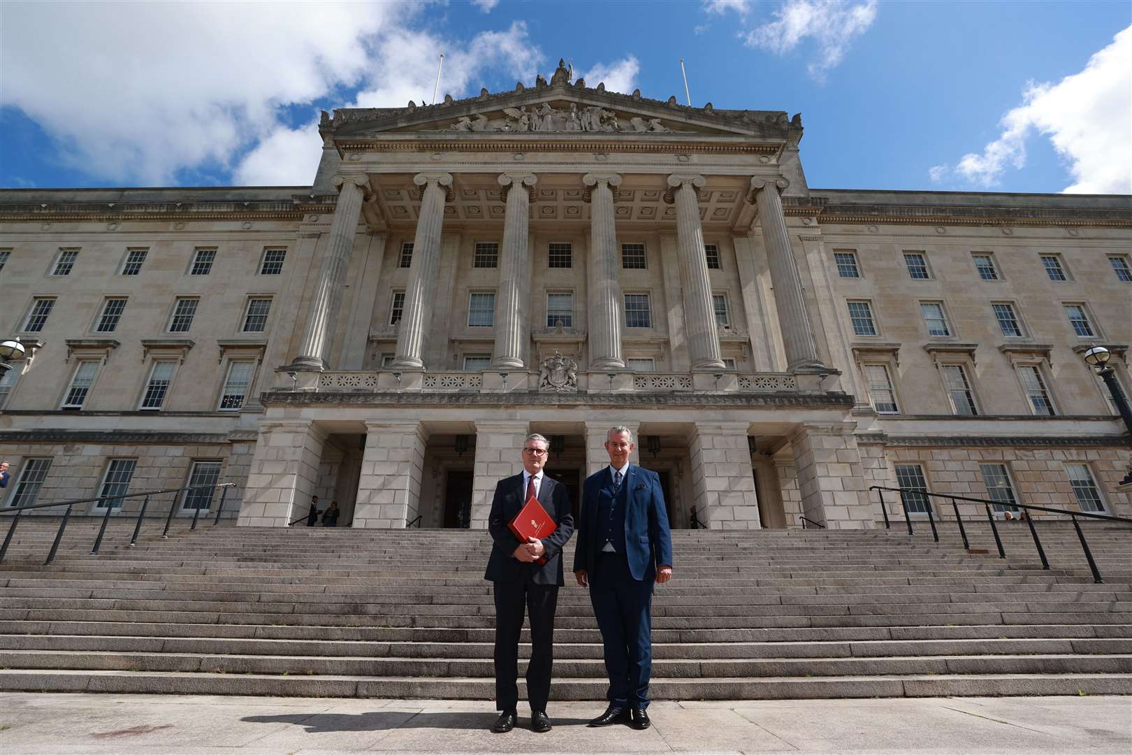 Prime Minister Sir Keir Starmer (left) with Edwin Poots, Speaker of the Northern Ireland Assembly, at Parliament Buildings at Stormont (Liam McBurney/PA)