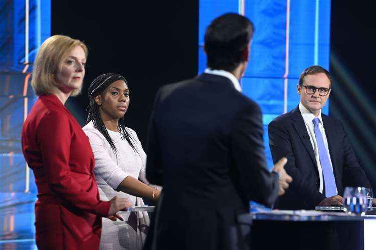 Tom Tugendhat, right, taking part in a Tory leadership contest televised debate Picture: Jonathan Hordle/ITV/PA