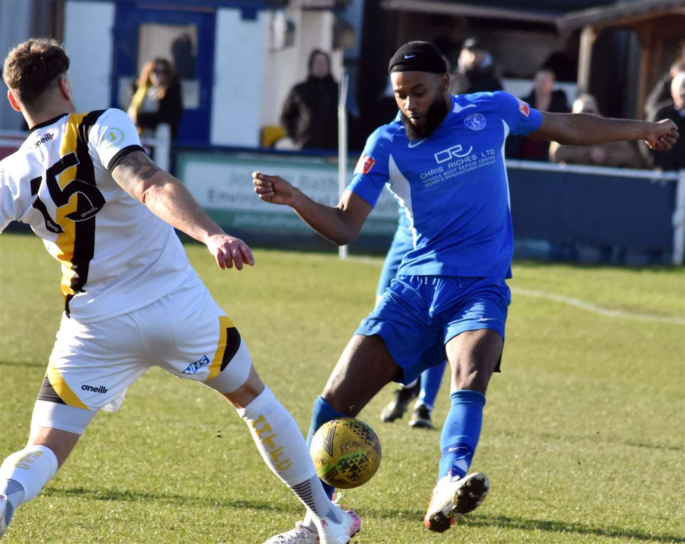 Herne Bay striker Zak Ansah claimed a hat-trick in the win at Lancing but he couldn't find the net at Faversham on Tuesday. Picture: Randolph File