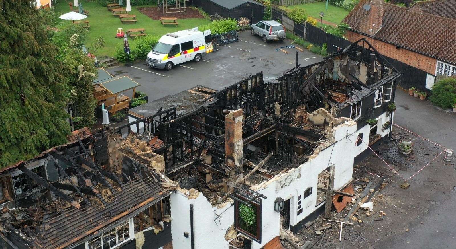 An aerial photo of the gutted Green Man pub before it was demolished