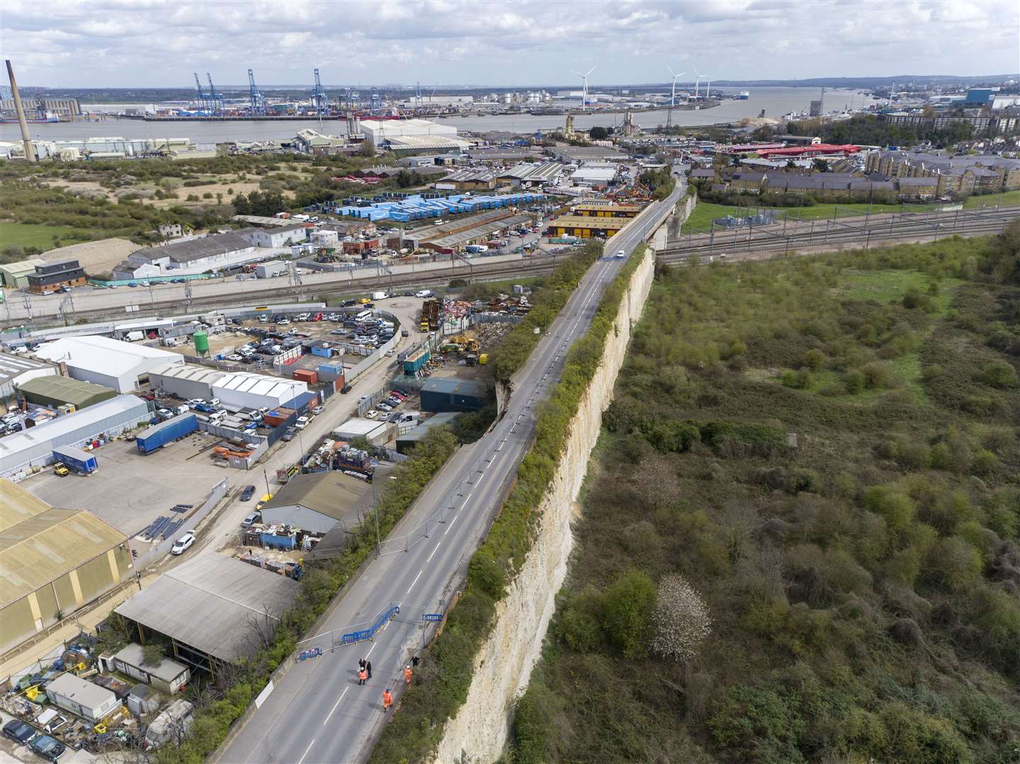 An aerial image shows the section of Galley Hill Road, Swanscombe, where the cliff collapsed. Images: High Profile Aerial