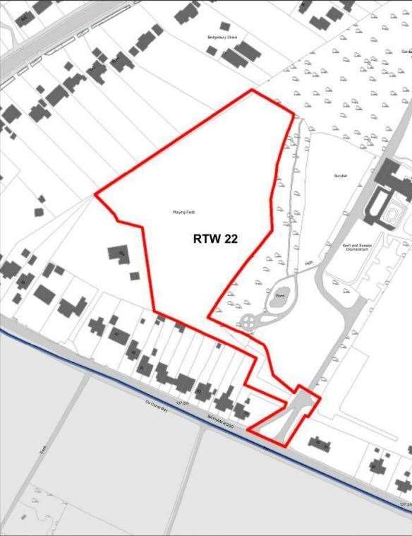 A plan of the site to be disposed of: Bayham West Playing Fields in Tunbridge Wells