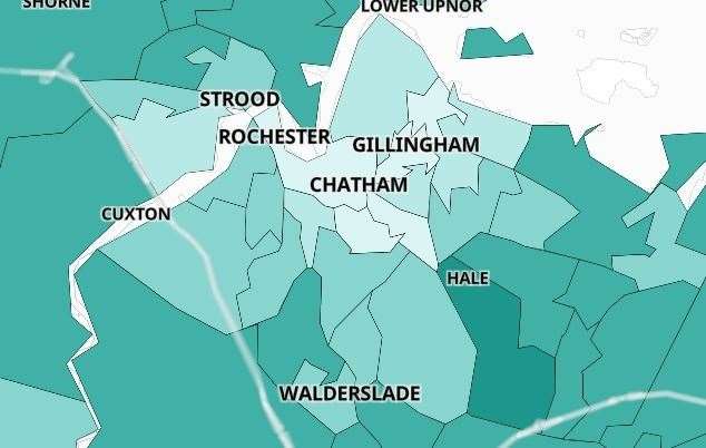 There are a cluster of neighbourhoods in Medway where booster uptake is below 40% (the palest shaded areas)