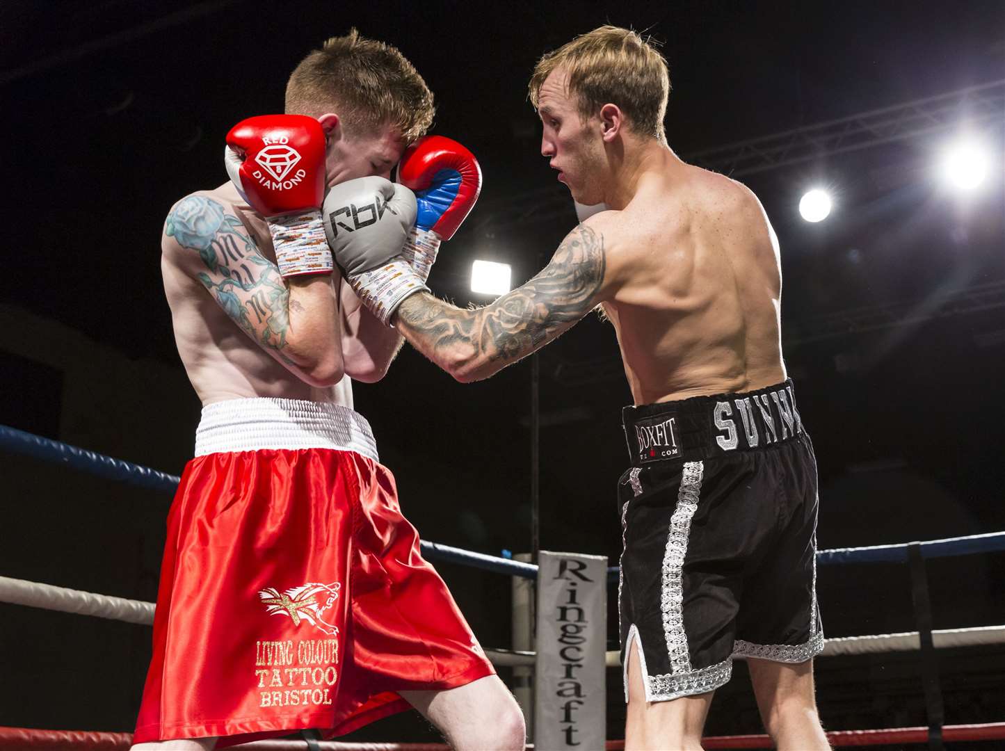 Featherweight Jack Budge takes on Ricky Leach (red shorts) at The Homecoming event, Mote Park Picture: Martin Apps