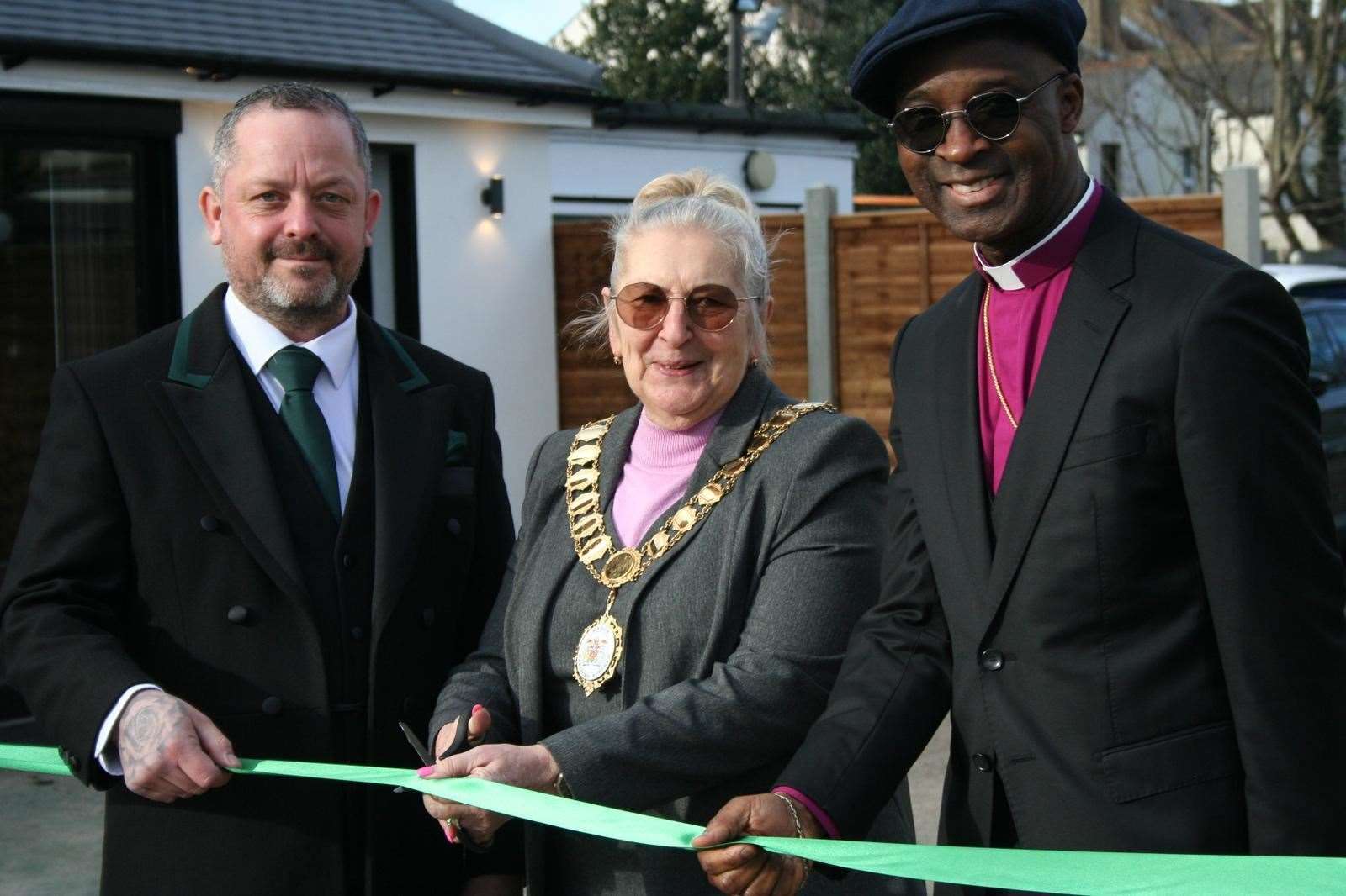 From left: Scott Lilley, Mayor of Dartford Rosanna Currans and Bishop Paul Fadeyi from the Grace Outreach Church at the blessing of the funeral parlour